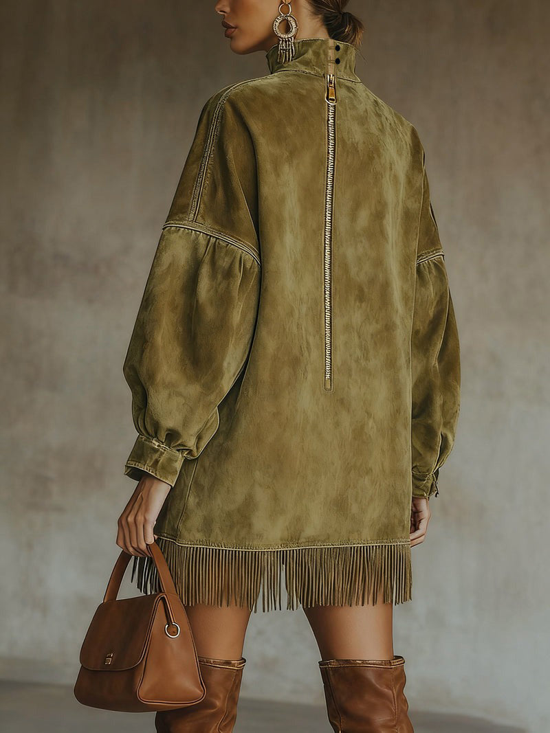 Vogue | Olive Turtleneck Fringe Dress