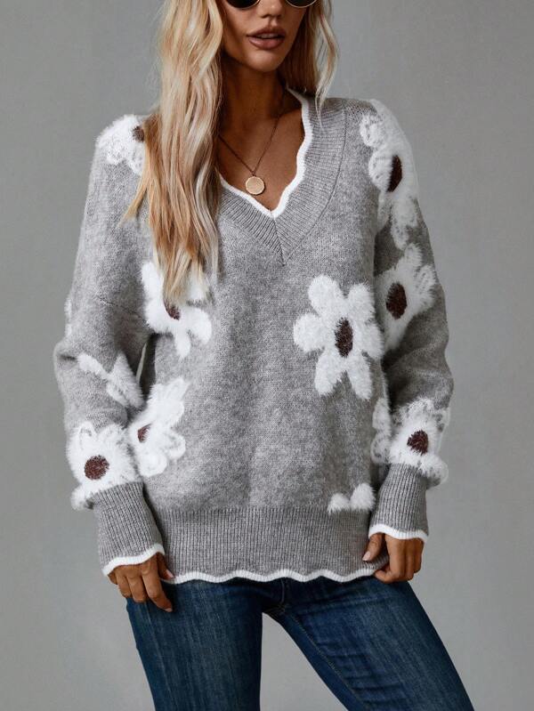 Thea | Elegant Floral V-Neck Sweater