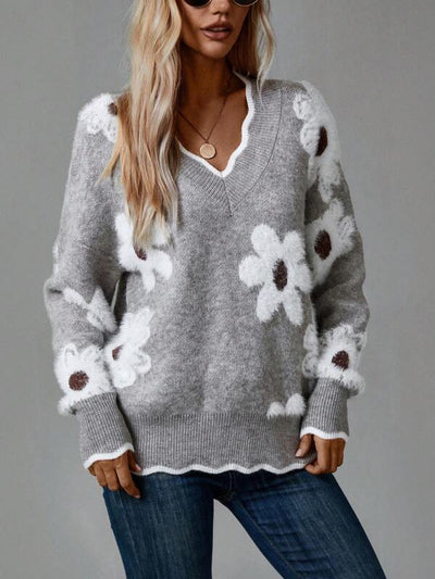 Thea | Elegant Floral V-Neck Sweater