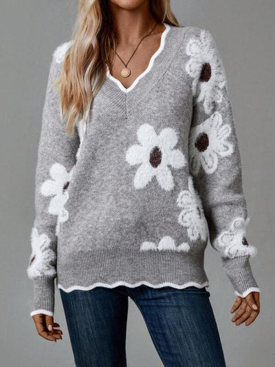 Thea | Elegant Floral V-Neck Sweater