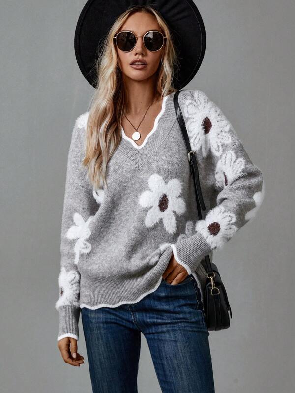 Thea | Elegant Floral V-Neck Sweater