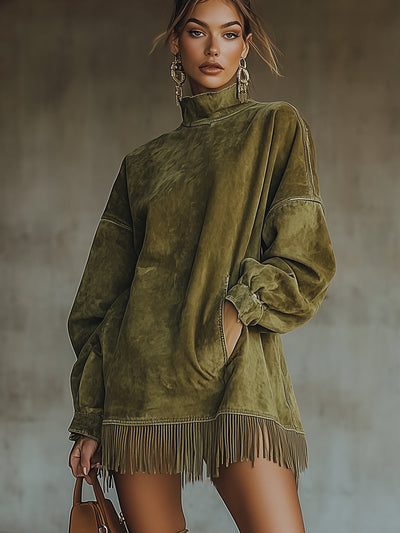 Vogue | Olive Turtleneck Fringe Dress