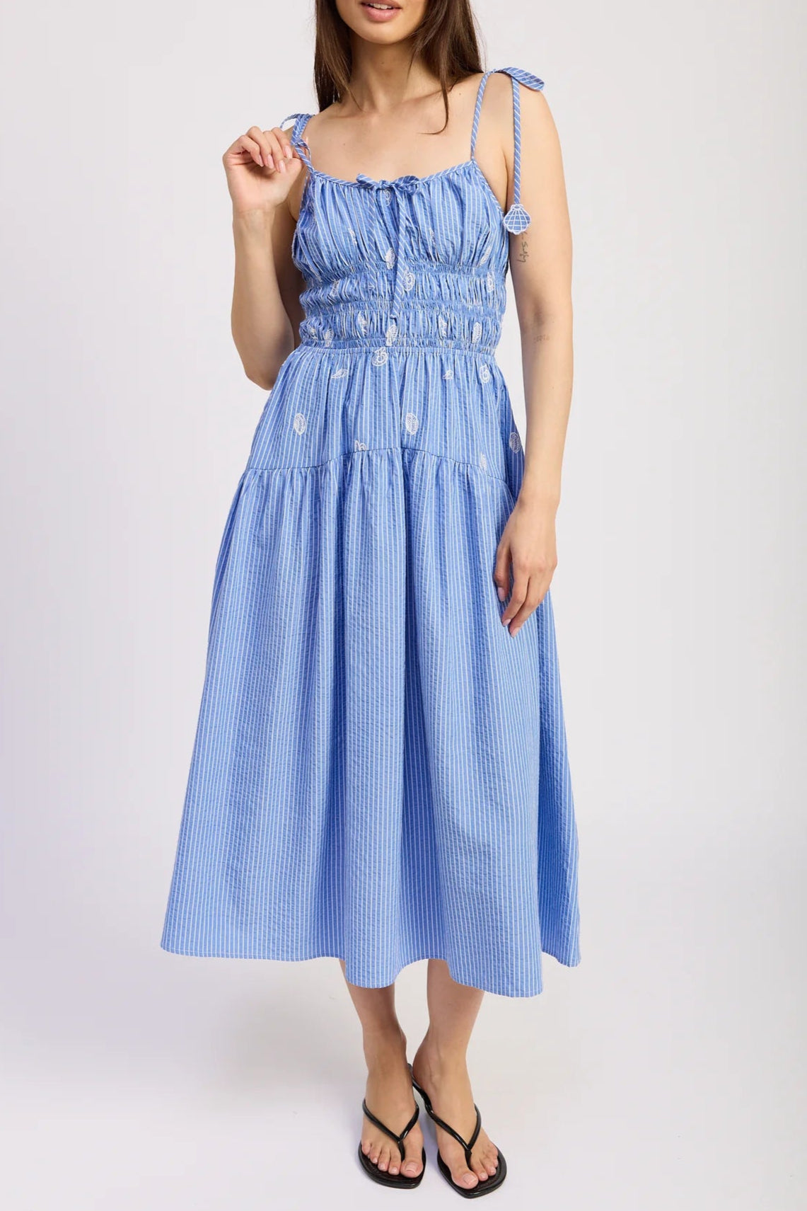 Nora | Embroidered Stripe Midi Dress