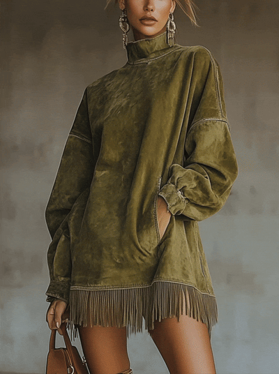 Vogue | Olive Turtleneck Fringe Dress